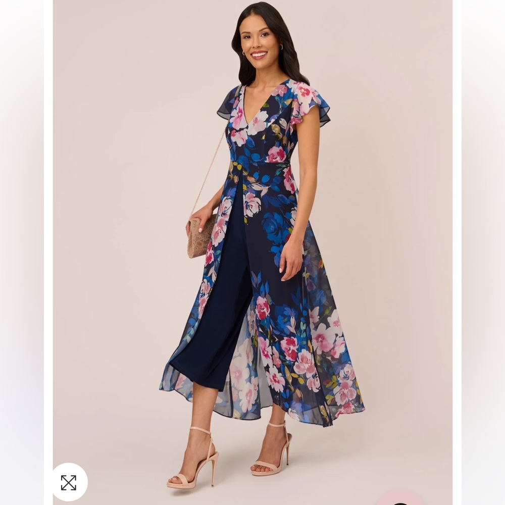 🎉HP🎉 NWOT Adrianna Papell FLORAL-PRINT CROPPED JUMPSUIT WITH CHIFFON OVERLAY